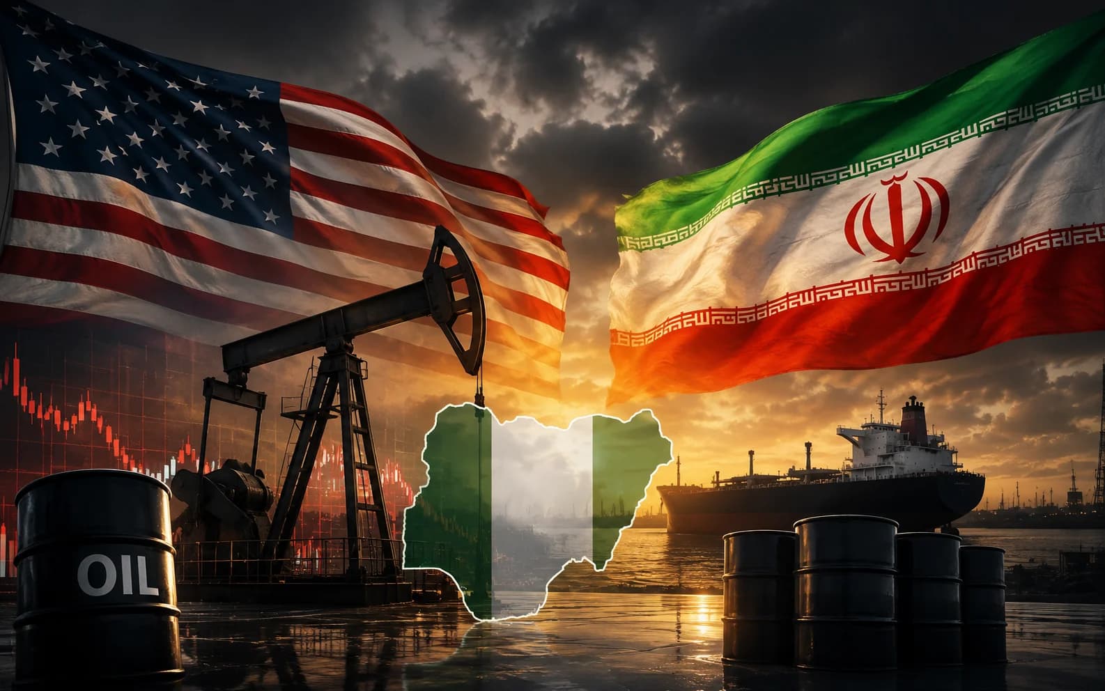 Oil storage tanks and tankers at a major export terminal, symbolising global energy markets as investors monitor the impact of U.S.–Iran tensions on crude oil prices and Nigeria's economy.
