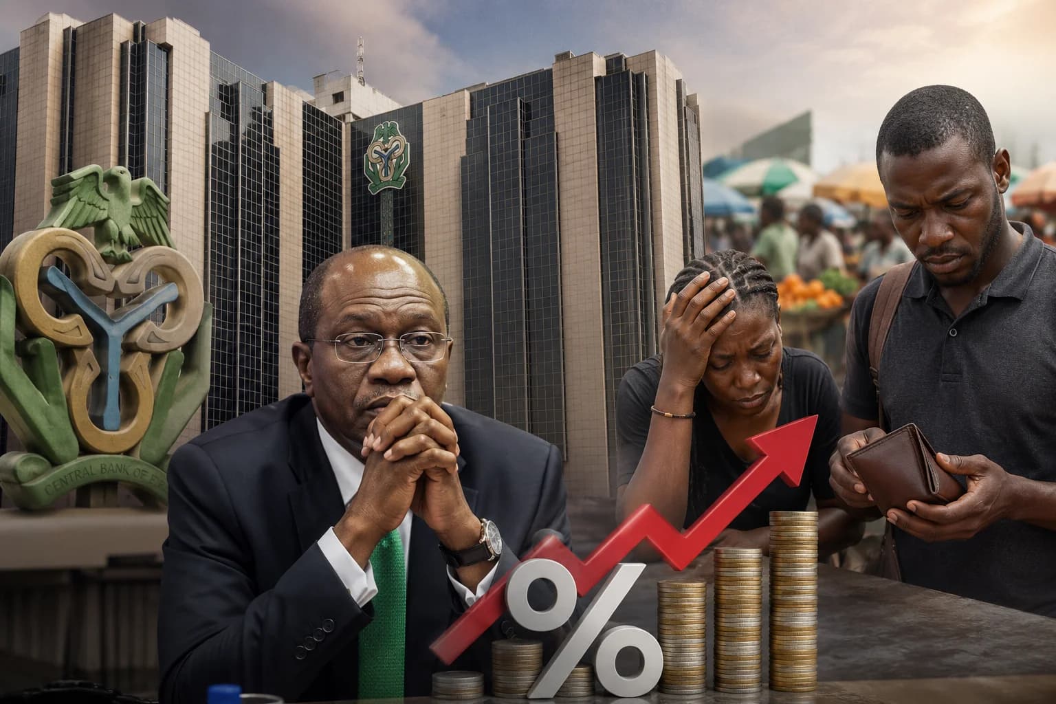 Central Bank of Nigeria headquarters in Abuja, representing the country's monetary policy as officials weigh whether to keep interest rates high despite easing inflation.