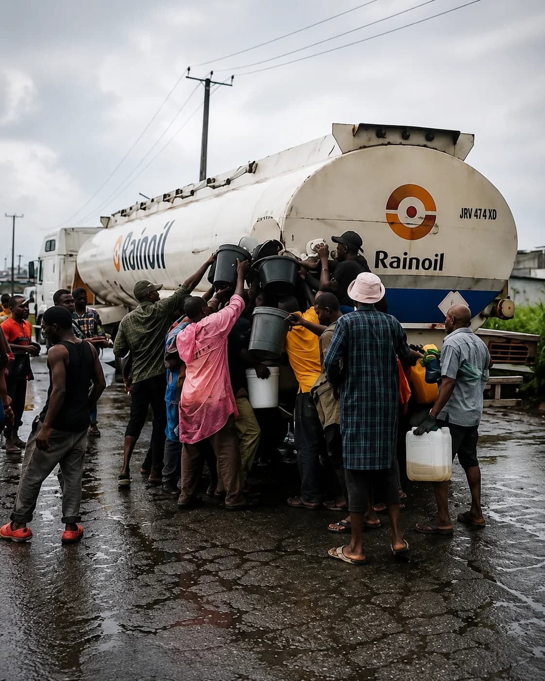 Residents gathered around a leaking fuel tanker in Asaba, Delta State, highlighting the intersection of public safety risks and economic hardship in Nigeria.