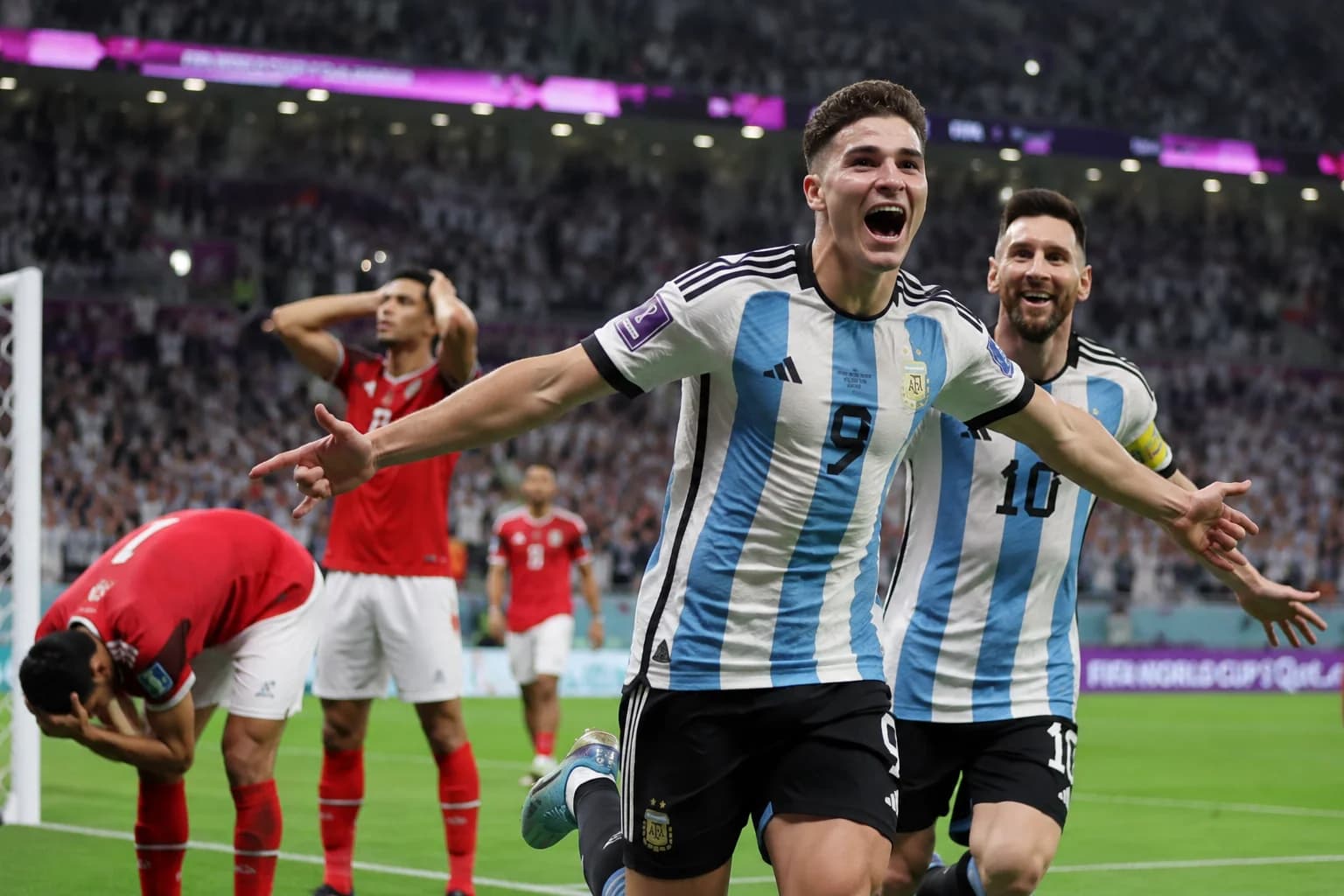 Argentina and Egypt players compete during their dramatic 2026 FIFA World Cup Round of 16 match in Atlanta, which Argentina won 3–2 after a late comeback.