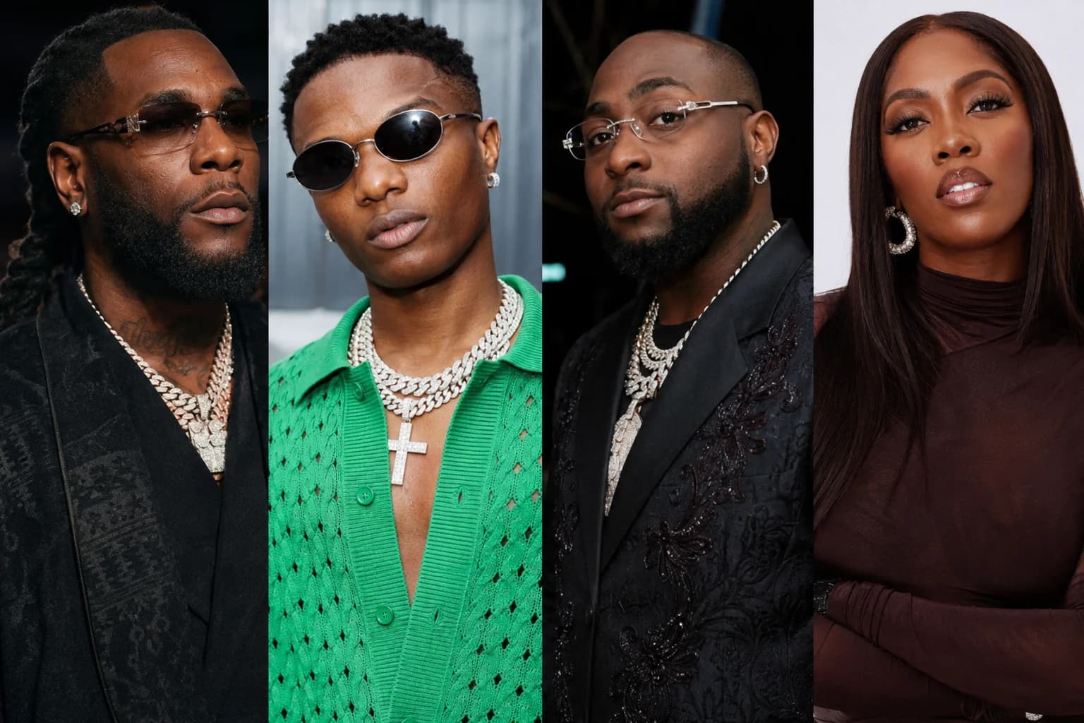 Nigerian Afrobeats artists performing on an international concert stage before thousands of fans during a global music tour.