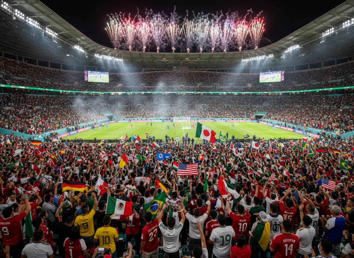 Football supporters from different countries celebrate outside a stadium in the United States during the 2026 FIFA World Cup.