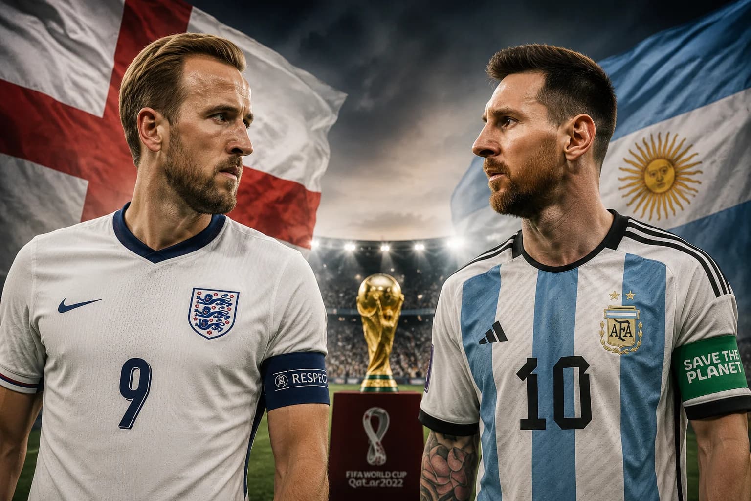 England captain Harry Kane and Argentina captain Lionel Messi ahead of the FIFA World Cup semi-final, with Spain awaiting the winner in the 2026 World Cup final.