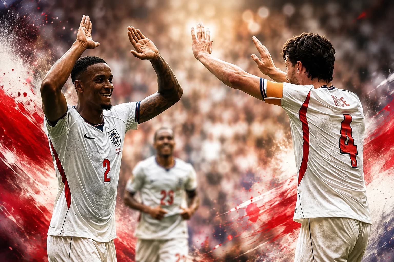 England players celebrate after defeating France 6-4 in the 2026 FIFA World Cup third-place playoff as Bukayo Saka celebrates his hat-trick.