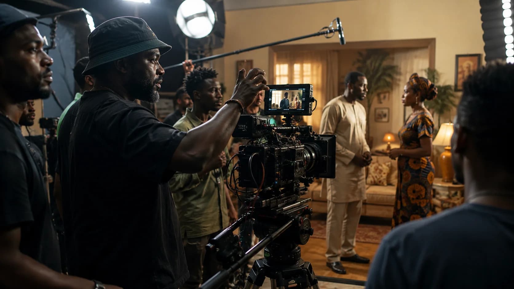A Nollywood film production set with cameras, actors and crew highlighting the global growth of Nigeria's film industry.