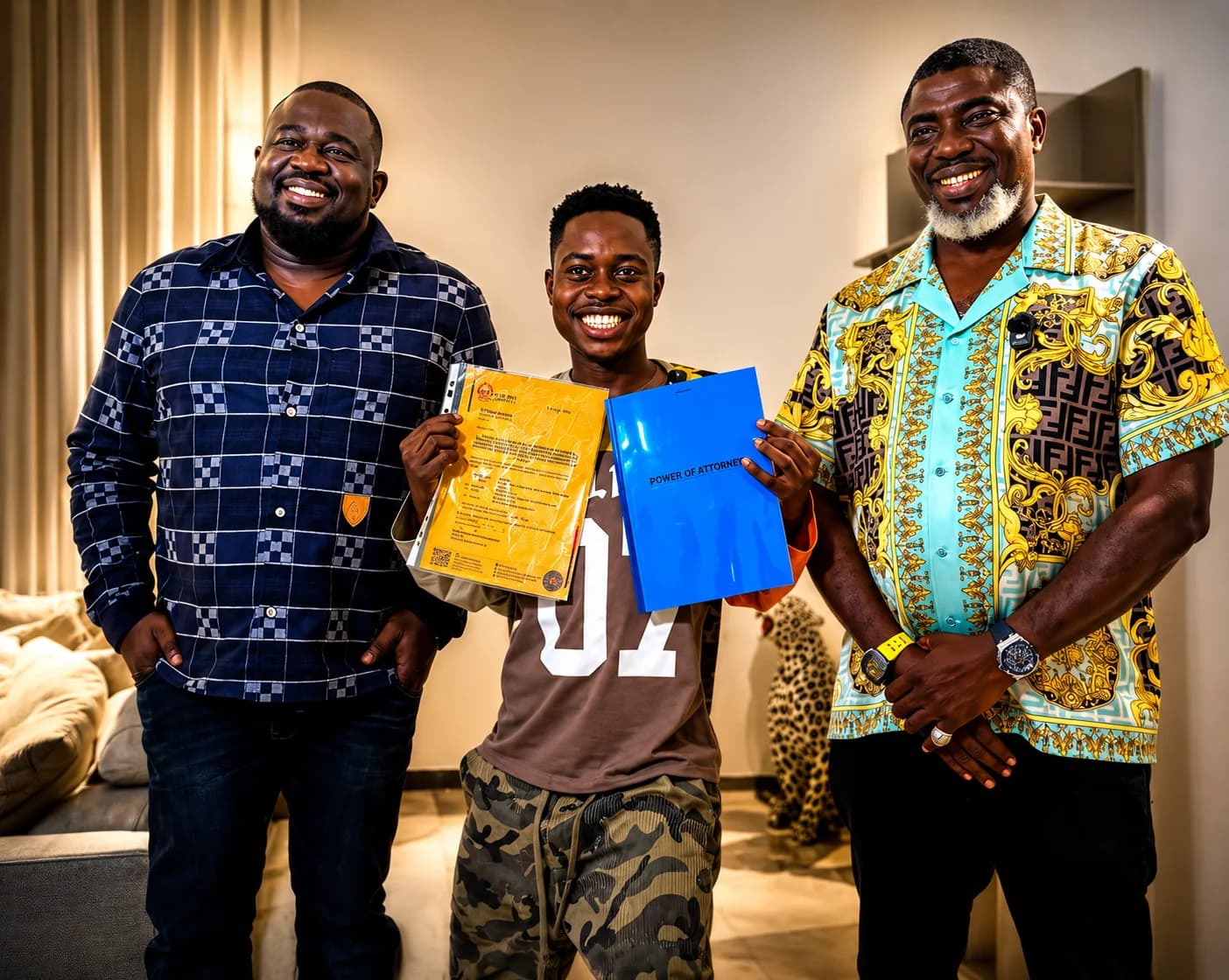 Peller and Jarvis receiving documents for their ₦400 million Abuja mansion wedding gift from King Ochacho.