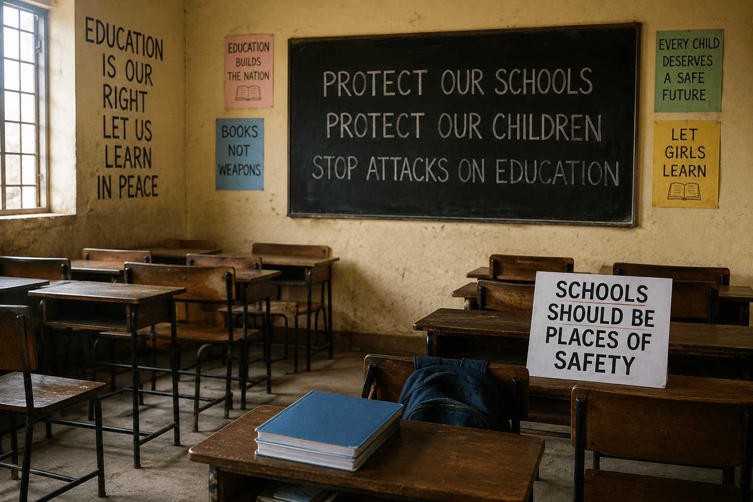 Empty Nigerian classroom with school desks, books and messages calling for the protection of schools and children’s right to safe education.