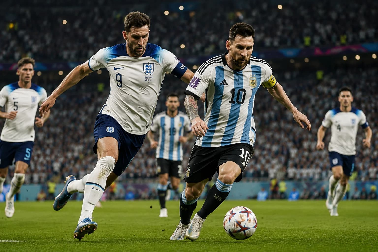 England captain Harry Kane and Argentina captain Lionel Messi ahead of the FIFA World Cup semi-final, with both nations competing for a place in the 2026 World Cup final.