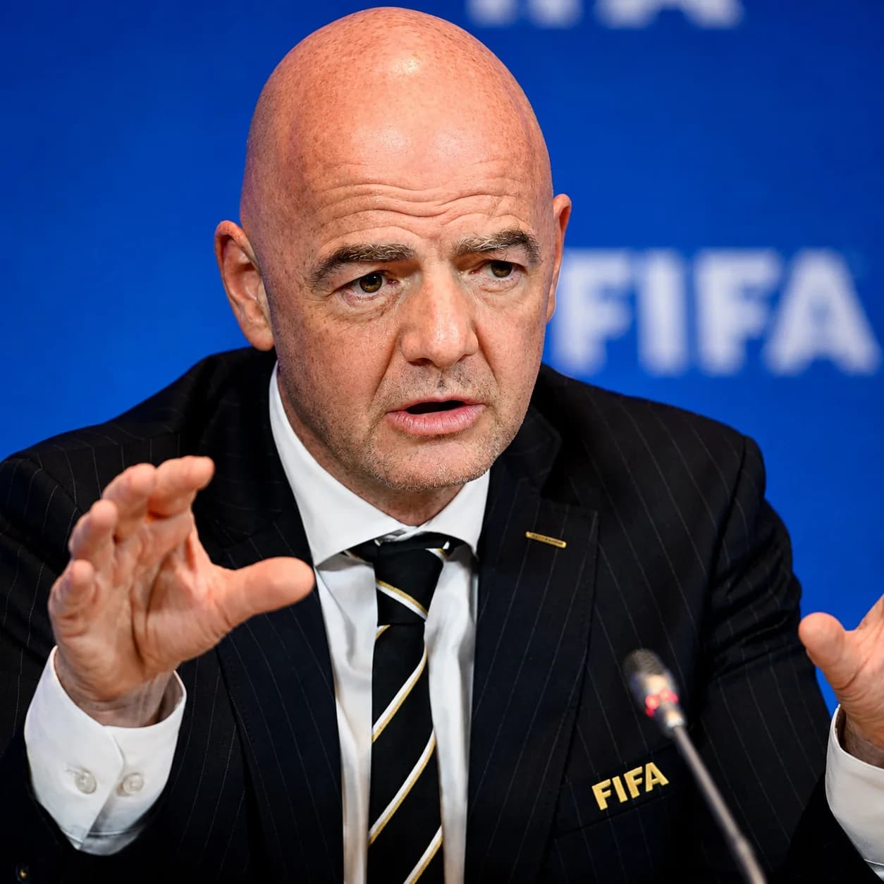 FIFA President Gianni Infantino speaking during a FIFA meeting after the governing body abandoned its World Cup investment proposal.