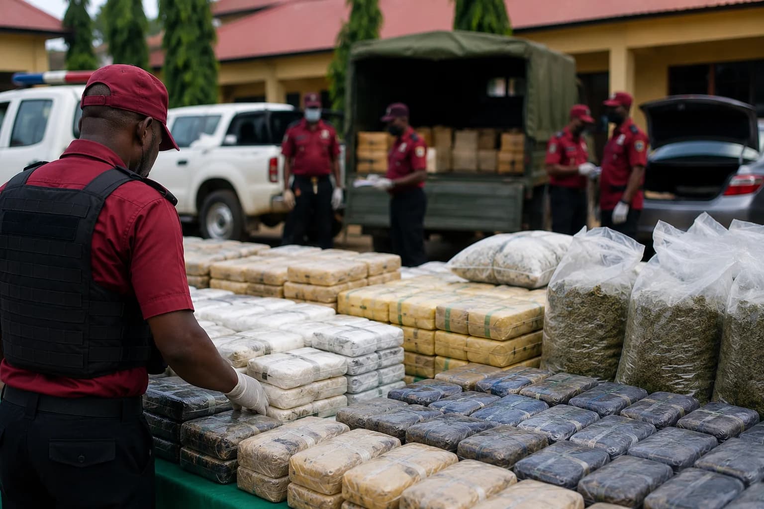 NDLEA operatives display seized illicit drugs during a major anti-drug operation that dismantled a clandestine methamphetamine laboratory in Ogun State.