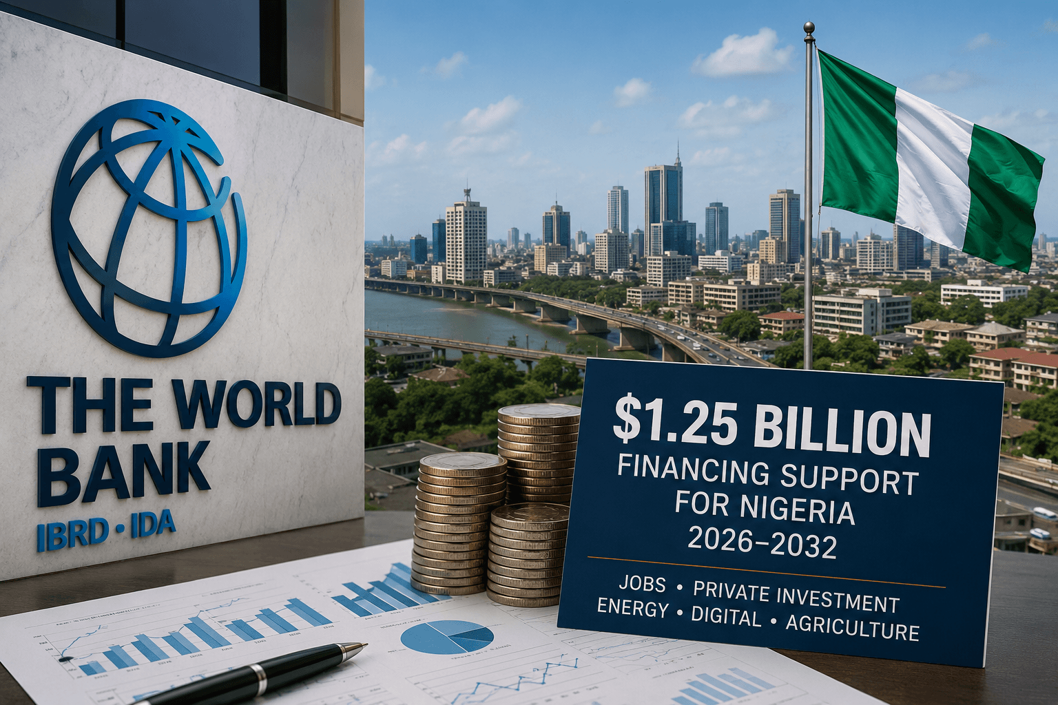 World Bank financing support for Nigeria, highlighting the $1.25 billion 2026–2032 development plan for jobs, private investment, energy, digital services and agriculture.