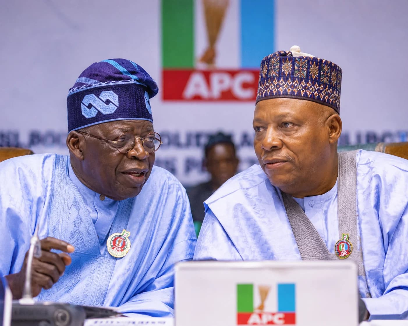 President Bola Tinubu and Vice President Kashim Shettima together at an APC political event after the party reaffirmed Shettima as Tinubu's running mate for the 2027 presidential election.
