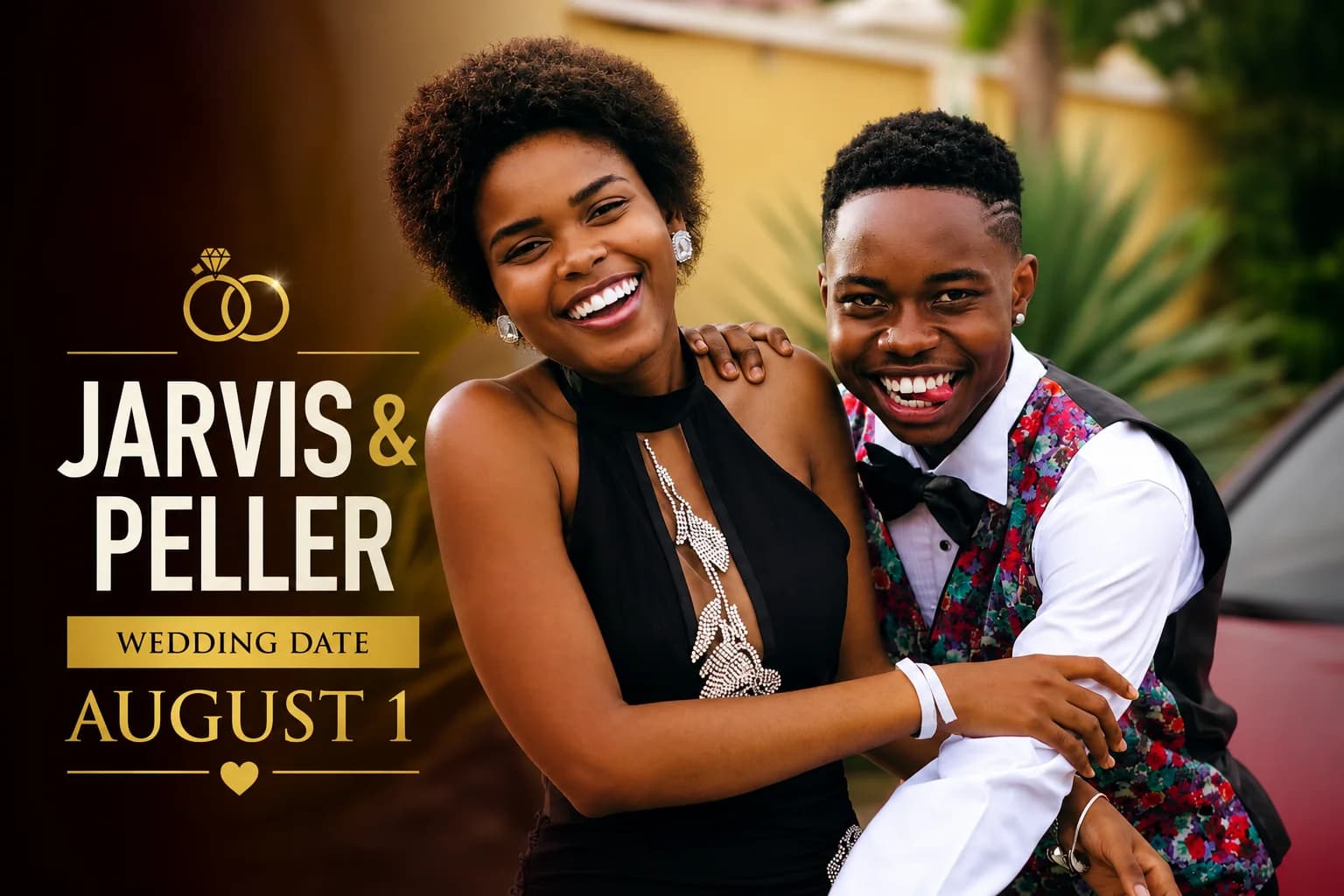 Nigerian TikTok stars Peller and Jarvis smiling together in their wedding attire during their white wedding ceremony.
