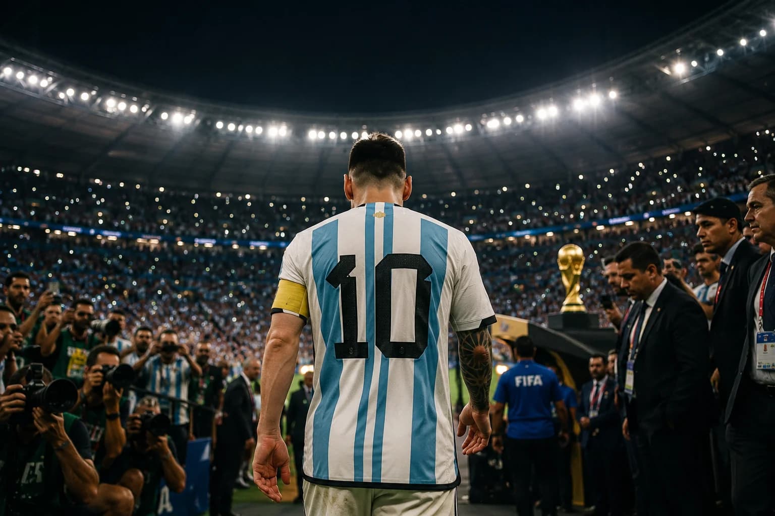 Lionel Messi leads Argentina onto the pitch as Spain's players line up before the 2026 FIFA World Cup final, with the famous World Cup trophy displayed between the two teams.