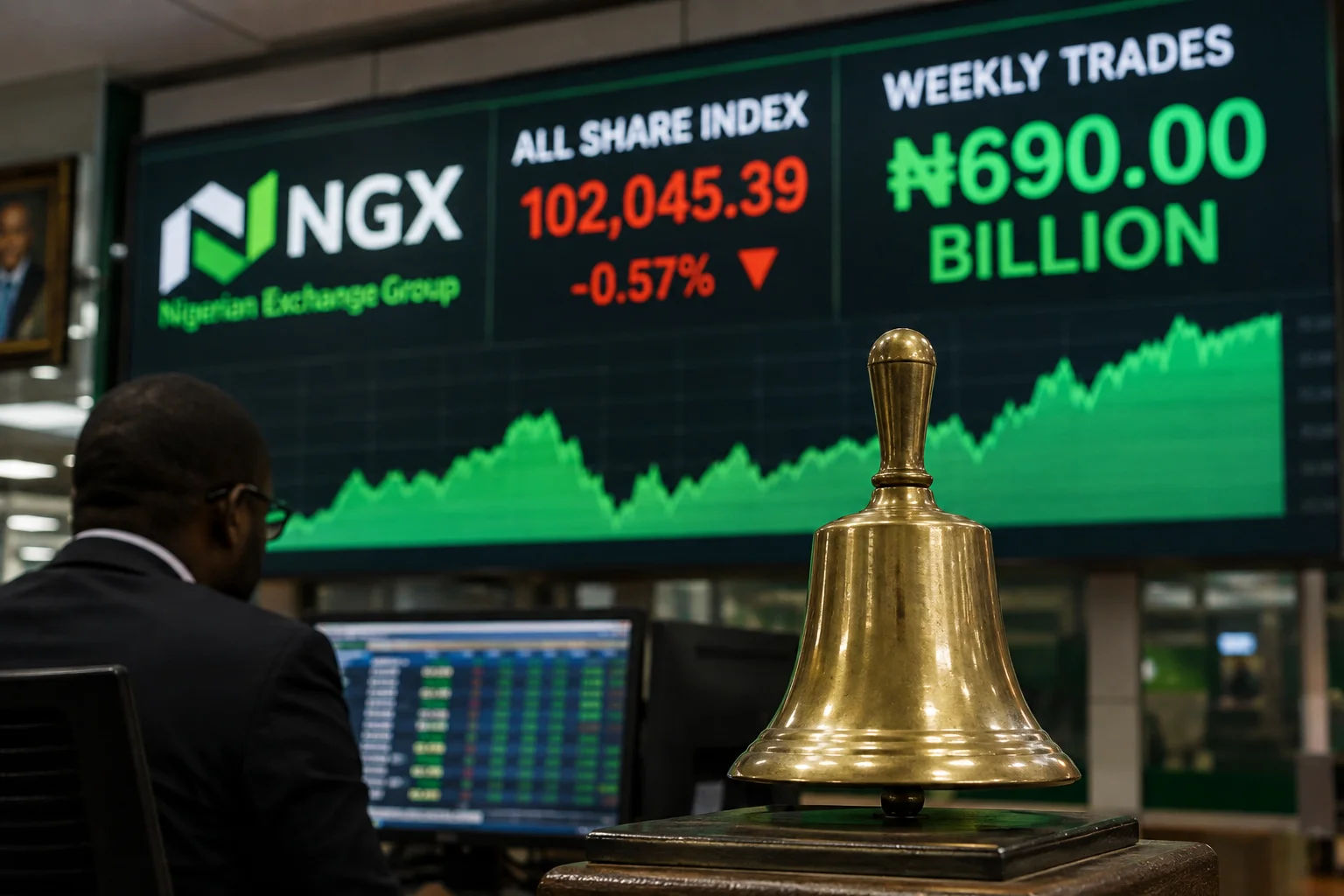 Electronic trading board inside the Nigerian Exchange as investors monitor stock prices during an active trading session.