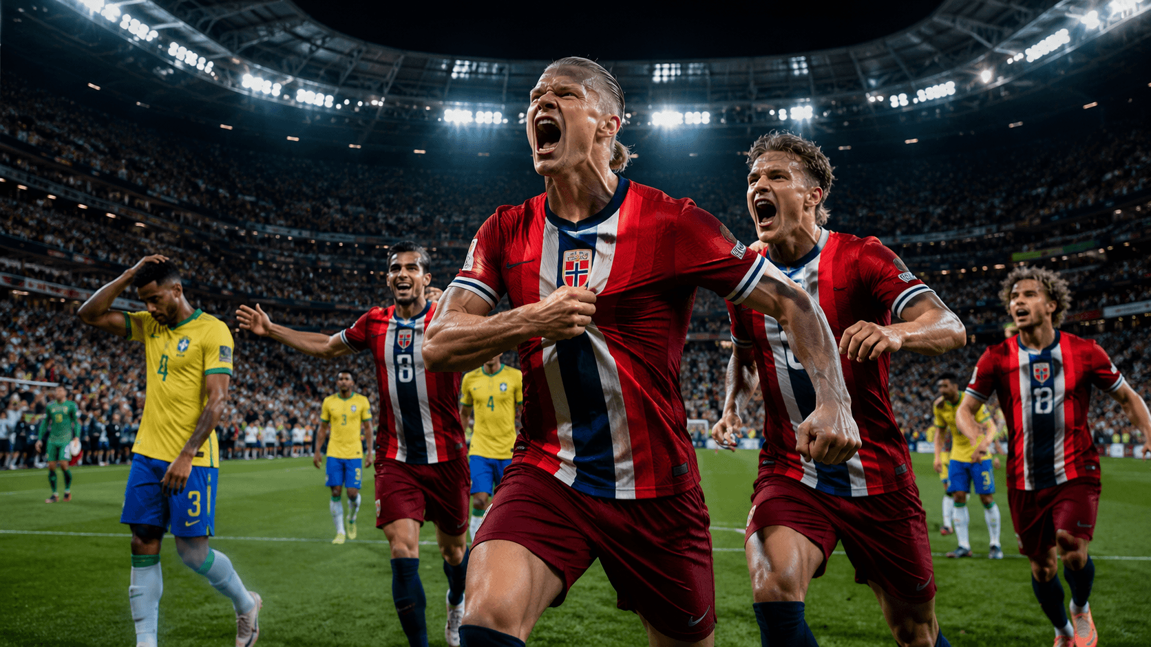 Erling Haaland celebrating as Norway defeat Brazil in the 2026 World Cup Round of 16