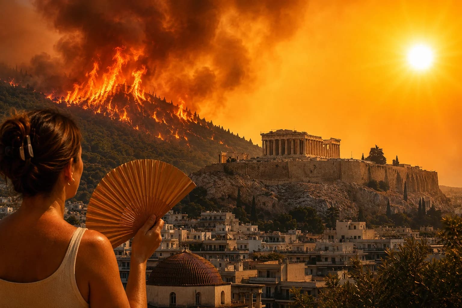 Wildfires burning across southern Europe during an extreme heatwave as temperatures soar above 40°C.