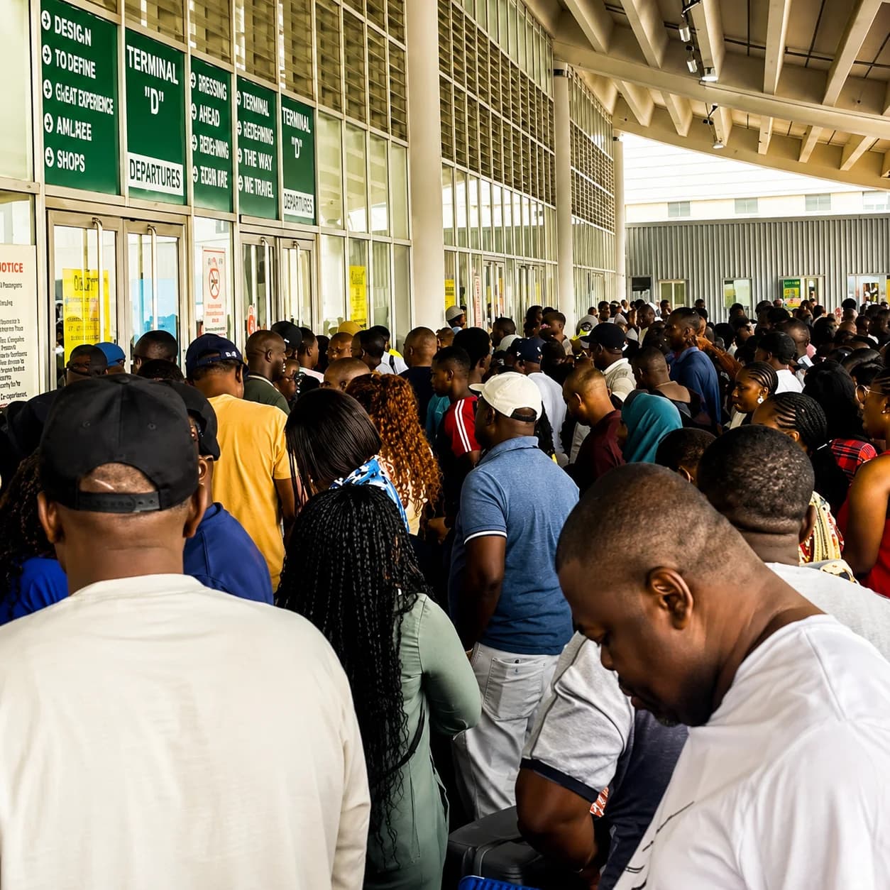 Passengers stranded at an airport after labour unions blocked Air Peace terminals in Lagos and Abuja.