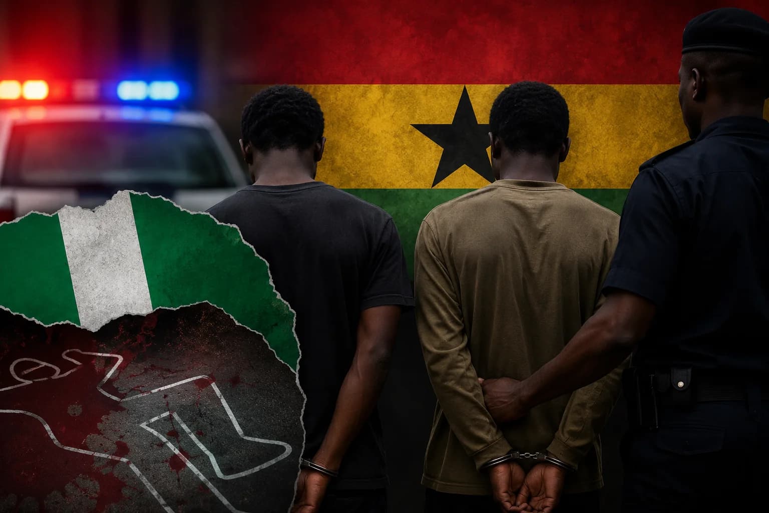 Ghanaian police officers outside a residence in Tamale after arresting two Nigerian nationals over the alleged murder of a fellow Nigerian during an ongoing homicide investigation.