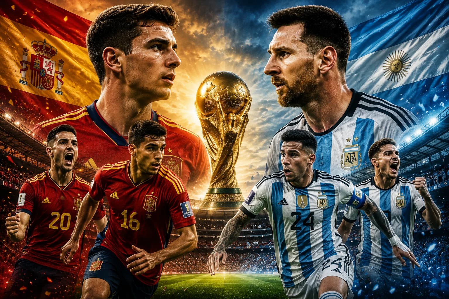Spain and Argentina players prepare for the 2026 FIFA World Cup final with the World Cup trophy displayed between them.