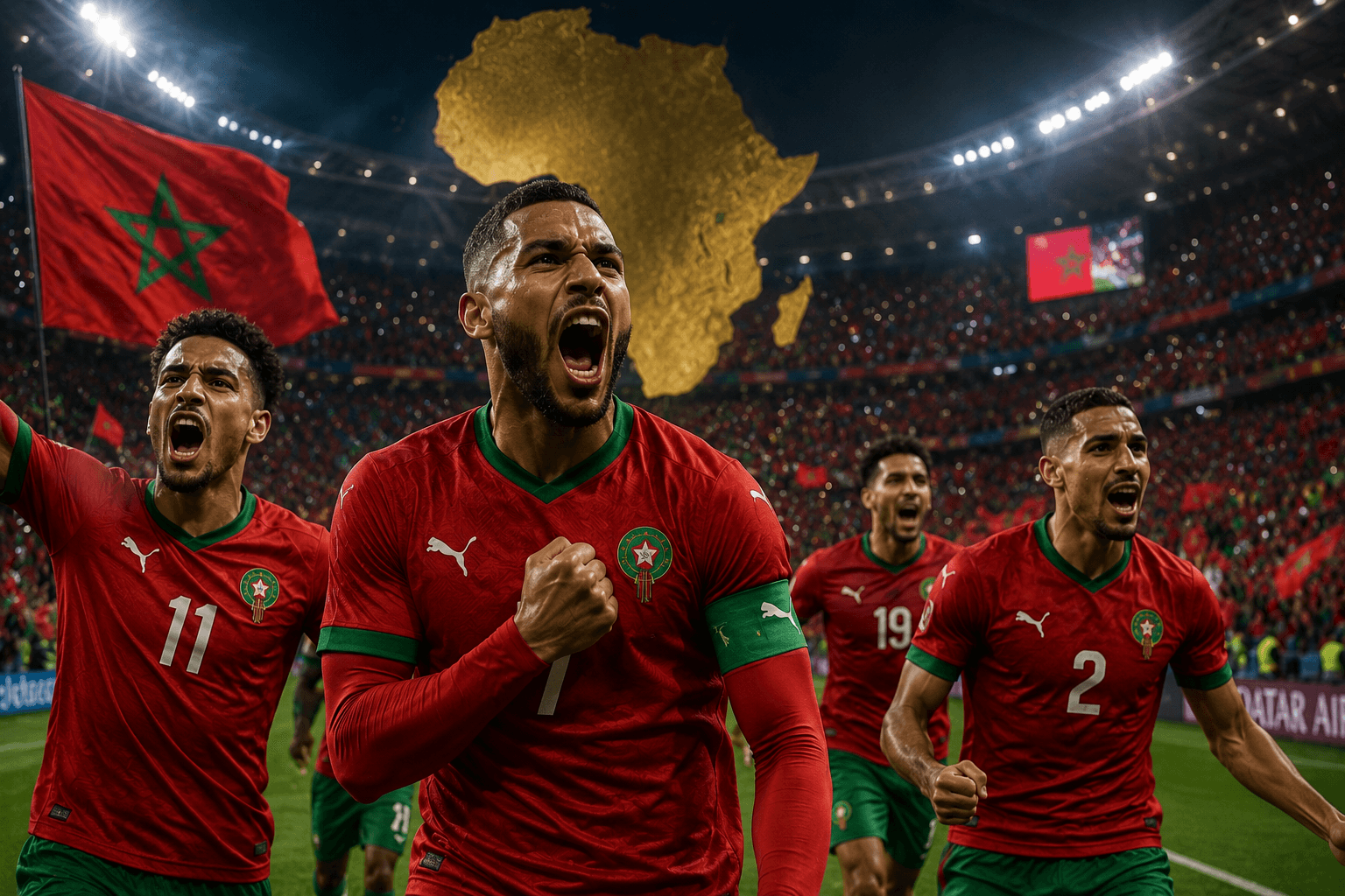 Morocco national team players celebrating during the 2026 FIFA World Cup.