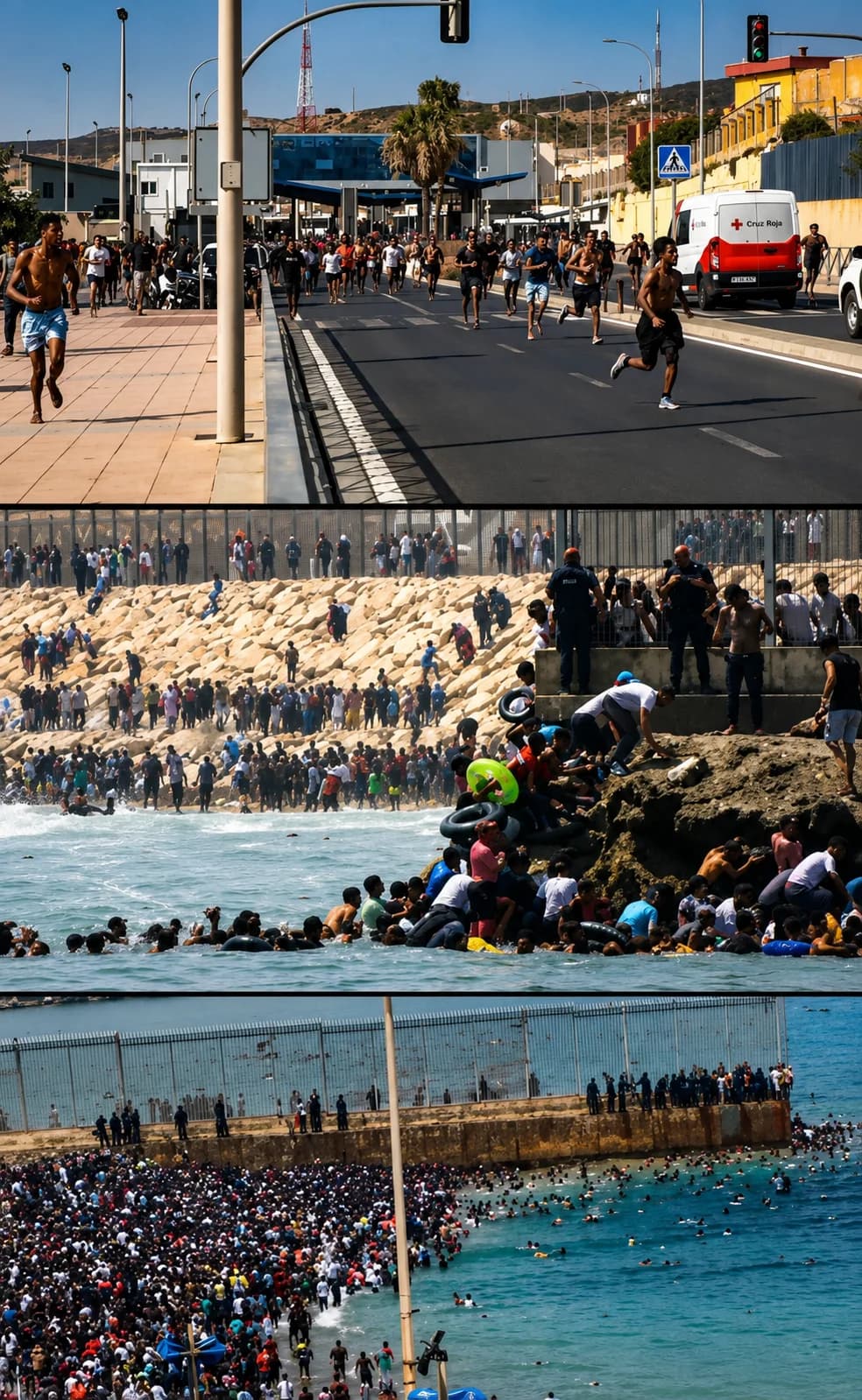 Migrants gathered near the border crossing between Morocco and the Spanish enclave of Ceuta as Spanish security forces respond.