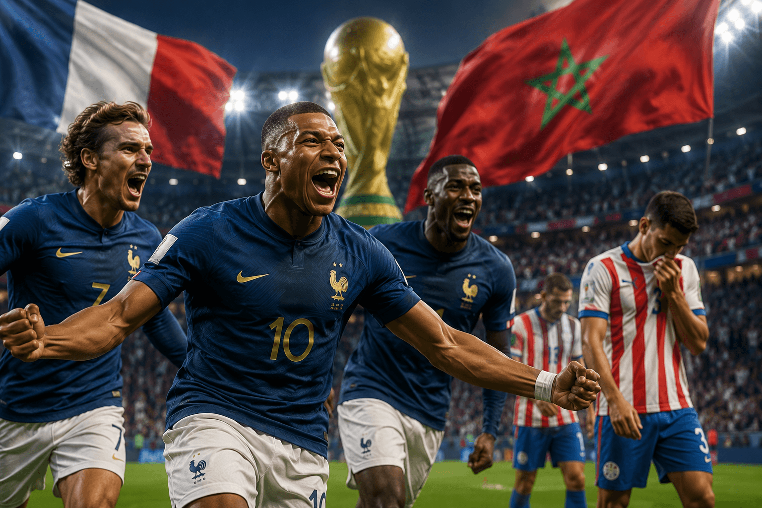 France players celebrating qualification for the 2026 World Cup quarter-finals.