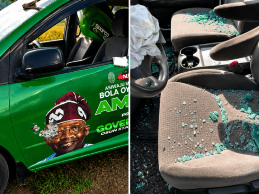 APC Osun governorship candidate Bola Oyebamiji and his campaign convoy after a reported gun attack.
