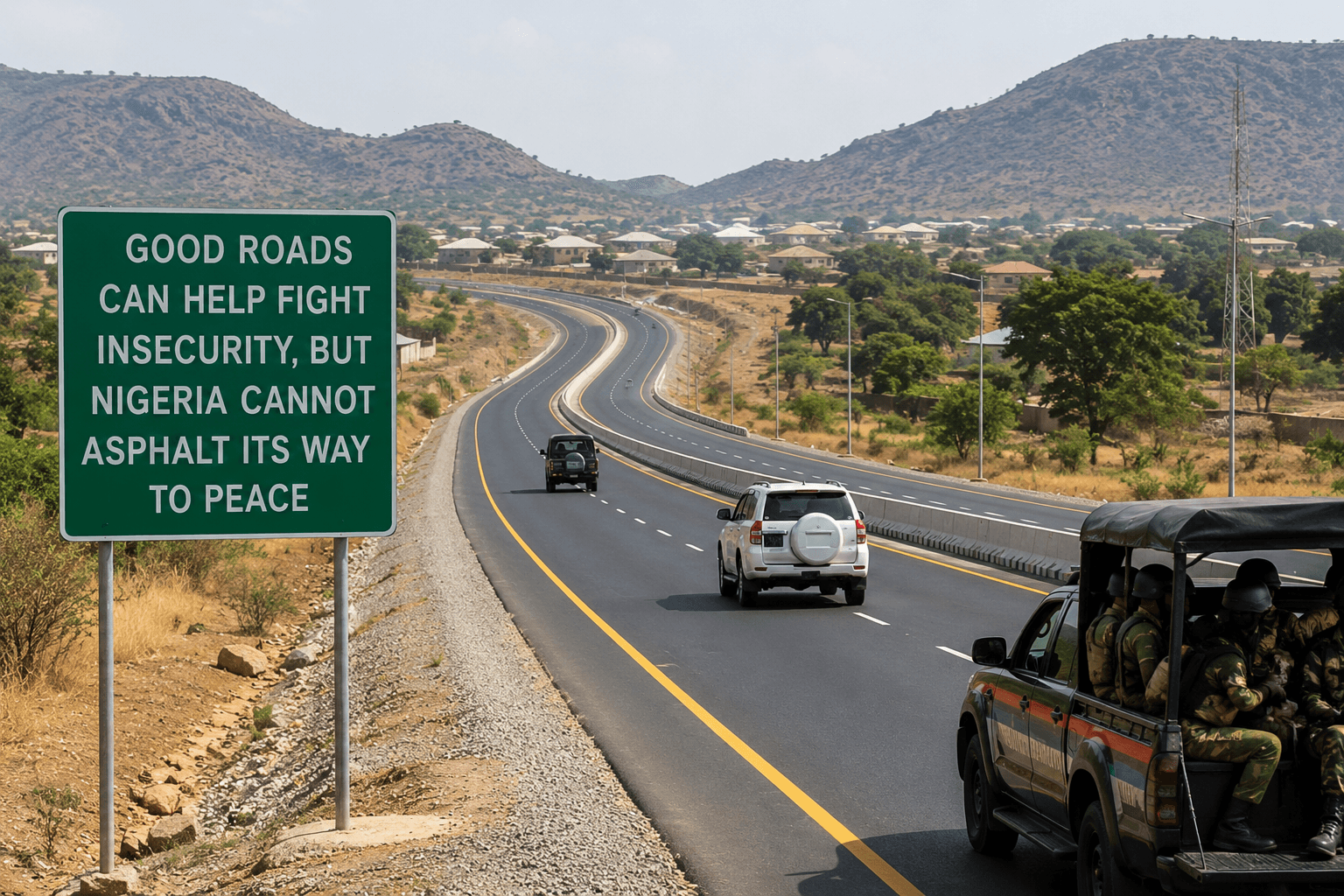 A newly constructed highway running through a rural Nigerian community, representing the debate over infrastructure, security and development.